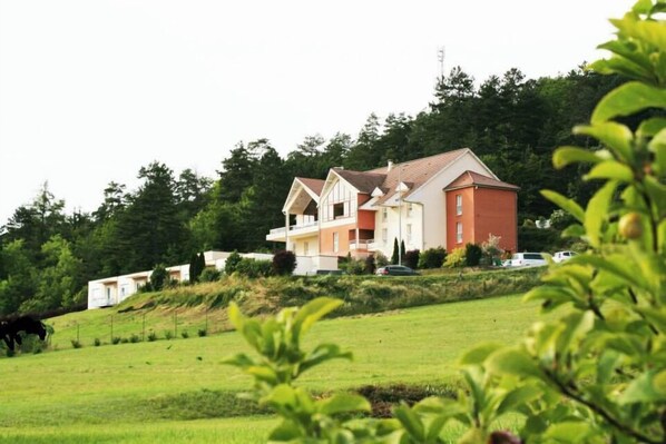 A two-story house with a red and white facade, situated on a grassy hill with a forested background. - Hôtel Les Demoiselles (Essoyes)