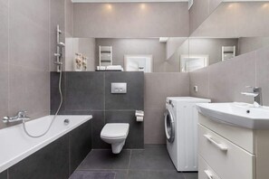 Shower, hair dryer, shampoo