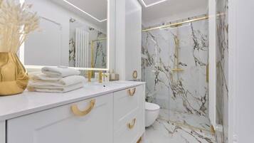 Douche, séchoir à cheveux, shampooing