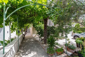 Un chemin bordé de plantes en pot et une voiture garée sur le côté.