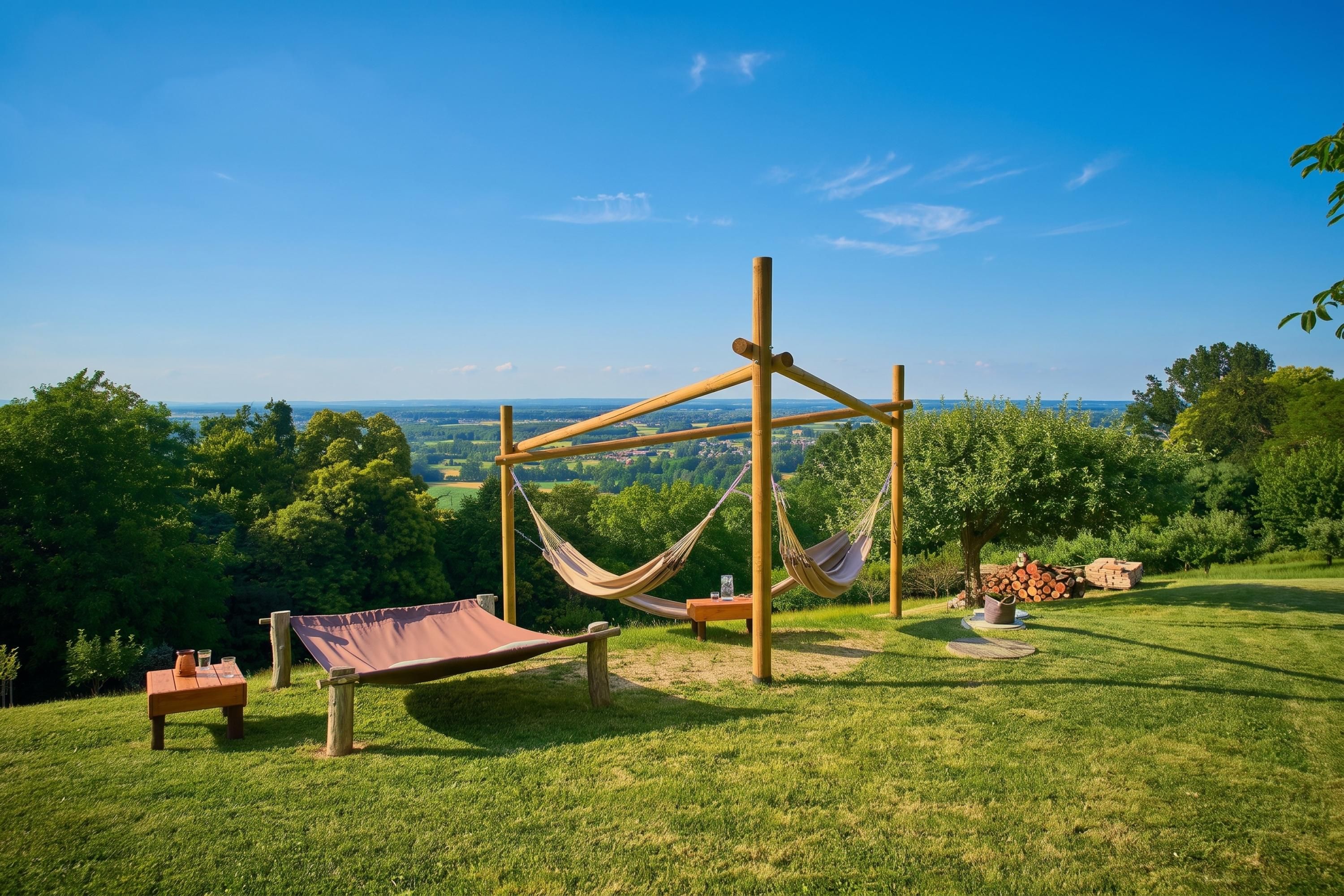 Una hamaca y un columpio de madera en un área verde al aire libre con vistas a un paisaje lejano.