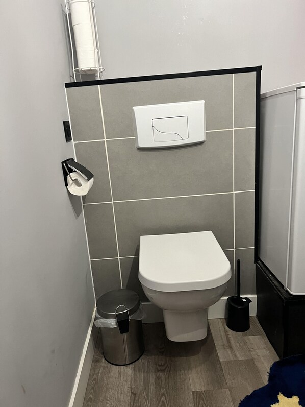 A modern bathroom with a toilet, a trash bin, and a toilet paper holder on the wall.