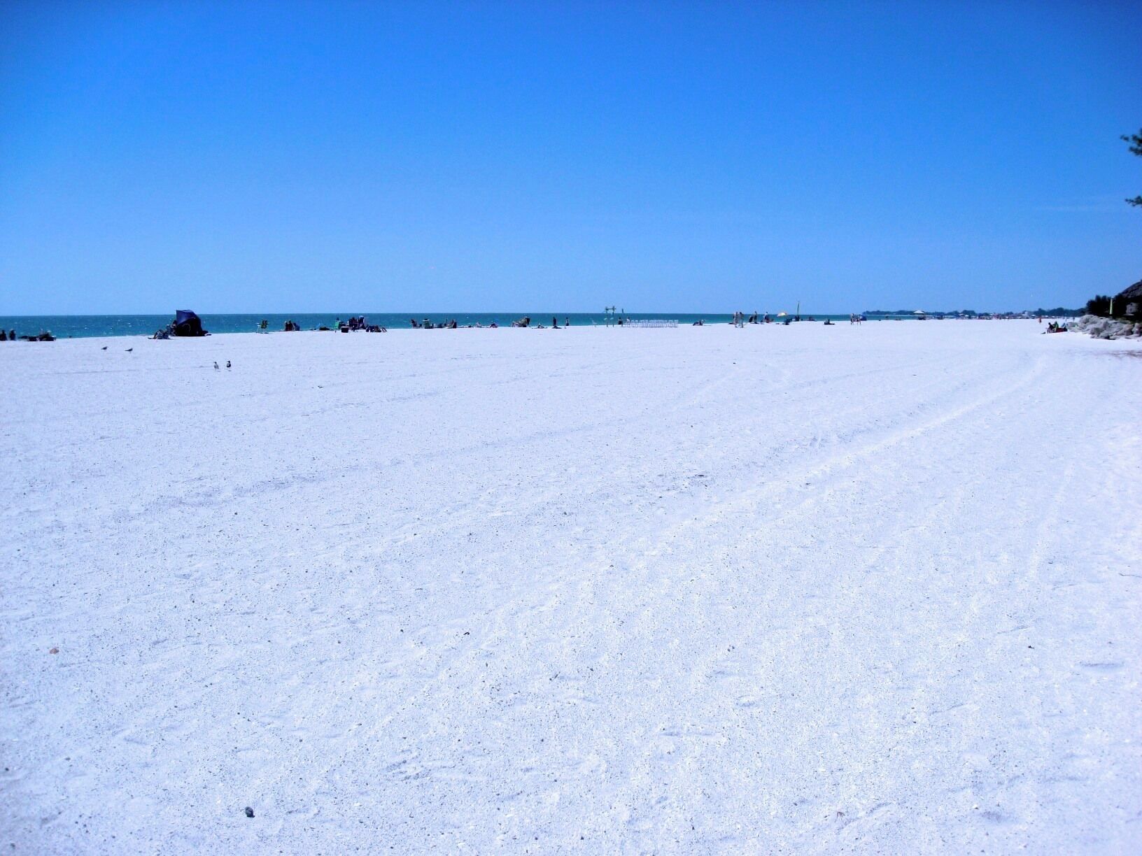 A wide, open beach with a clear sky.