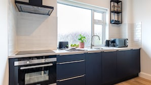 A modern kitchen with a built-in oven, a microwave, and a sink. - Modern Elegant Townhouse in Historic Kenmare (Kenmare)