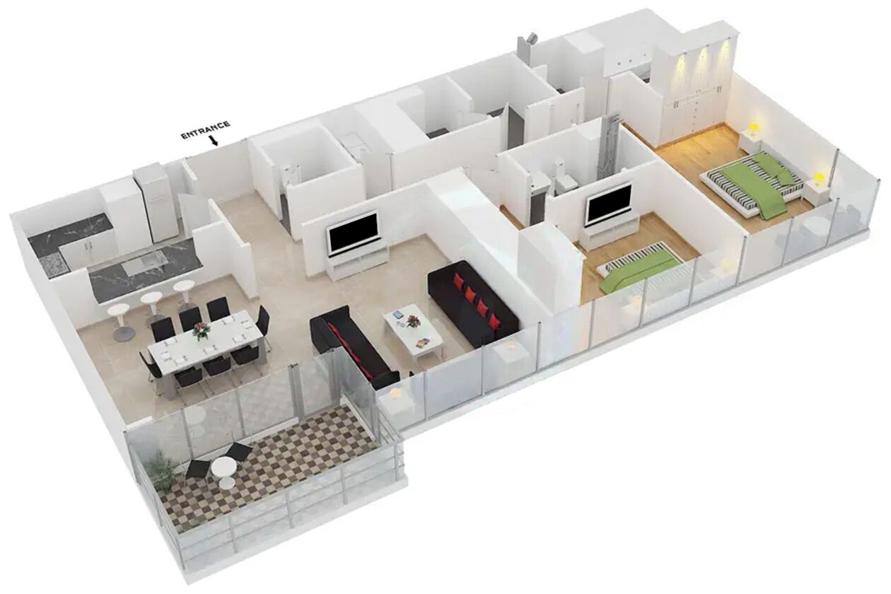 A 3D floor plan of a hotel room with a kitchen, dining area, living room, and balcony.