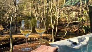 Two glasses of white wine on a wooden table with a view of a forested area.