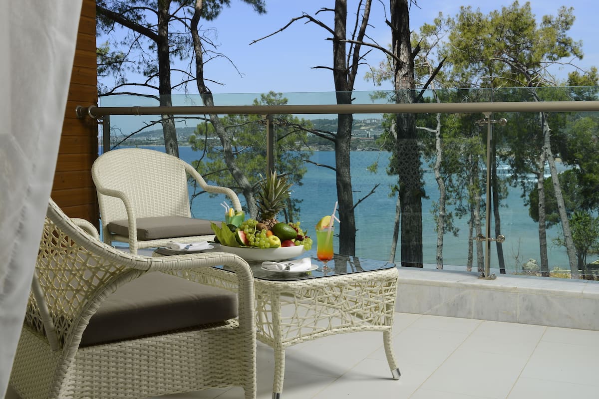 A balcony with wicker furniture, a fruit bowl, and a drink on a glass table, overlooking a body of water and trees.