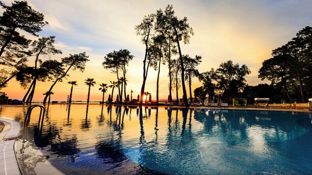 Una piscina que refleja árboles y un atardecer.