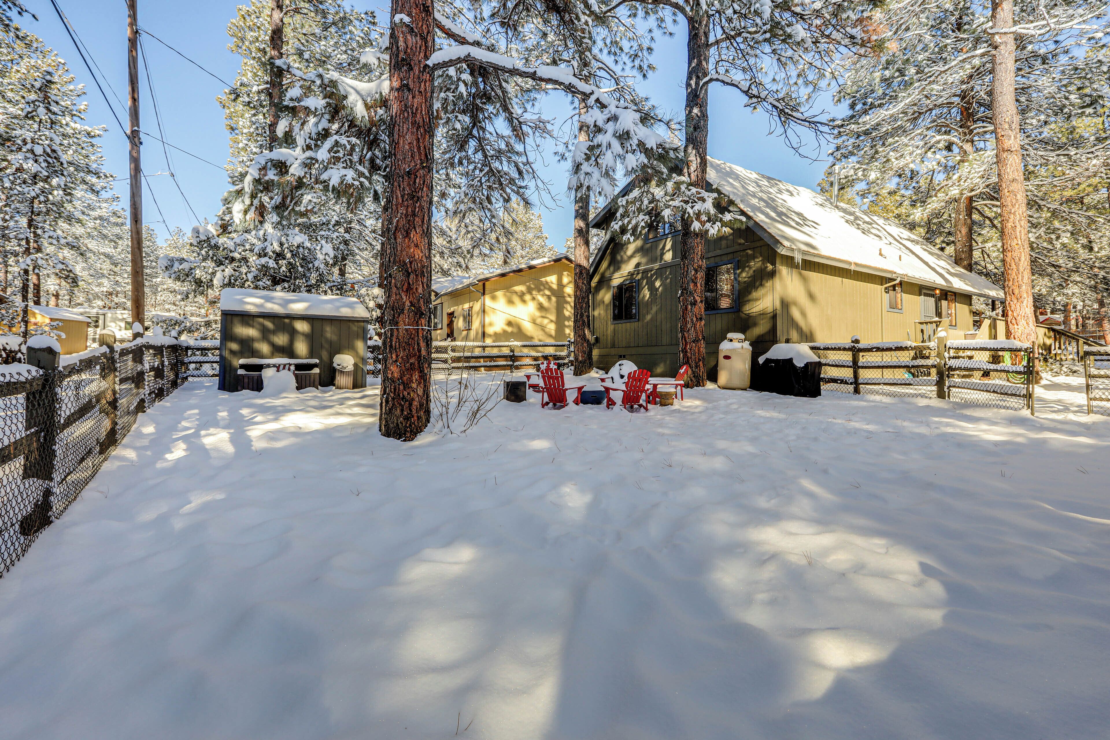 A cabin with a snow-covered roof, surrounded by tall pine trees.