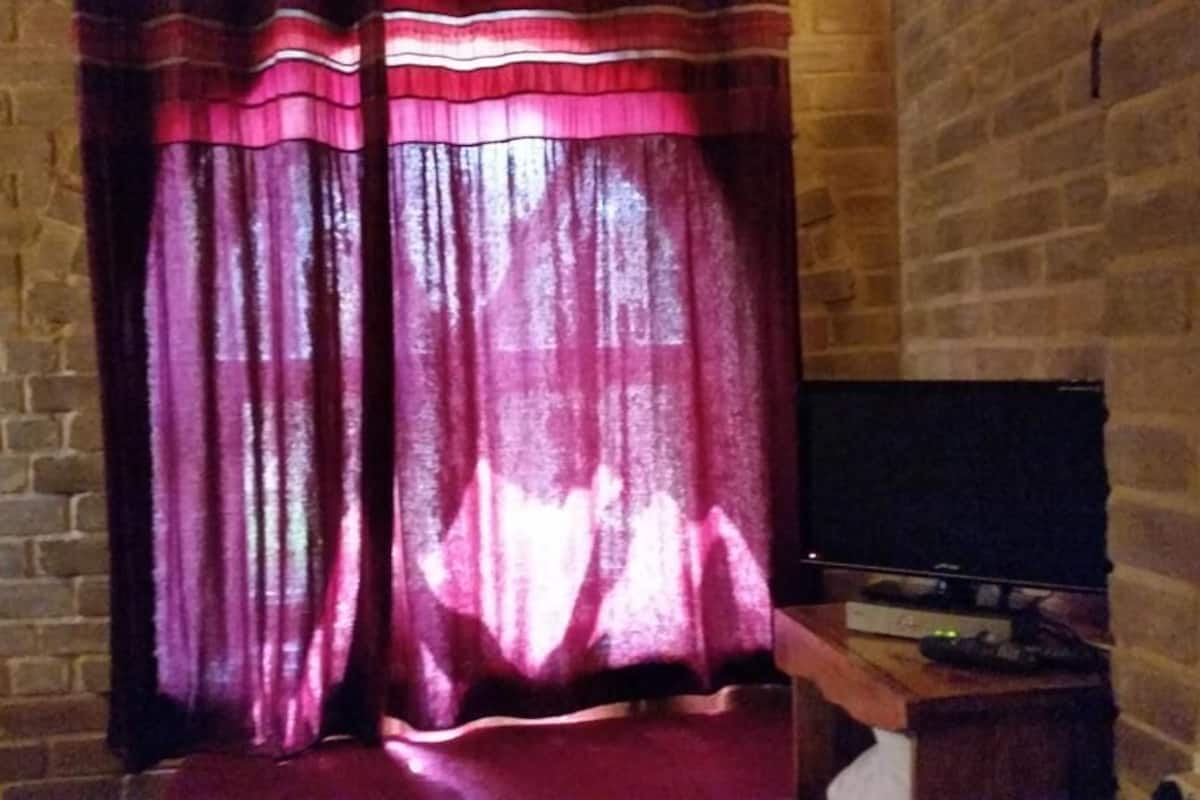 Ein Zimmer mit Ziegelwand, einem Fernseher auf einem Holzständer und einem Fenster mit rosa Vorhängen.