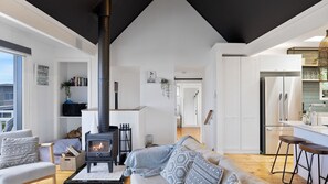 Télévision, cheminée, table de tennis de table, livres