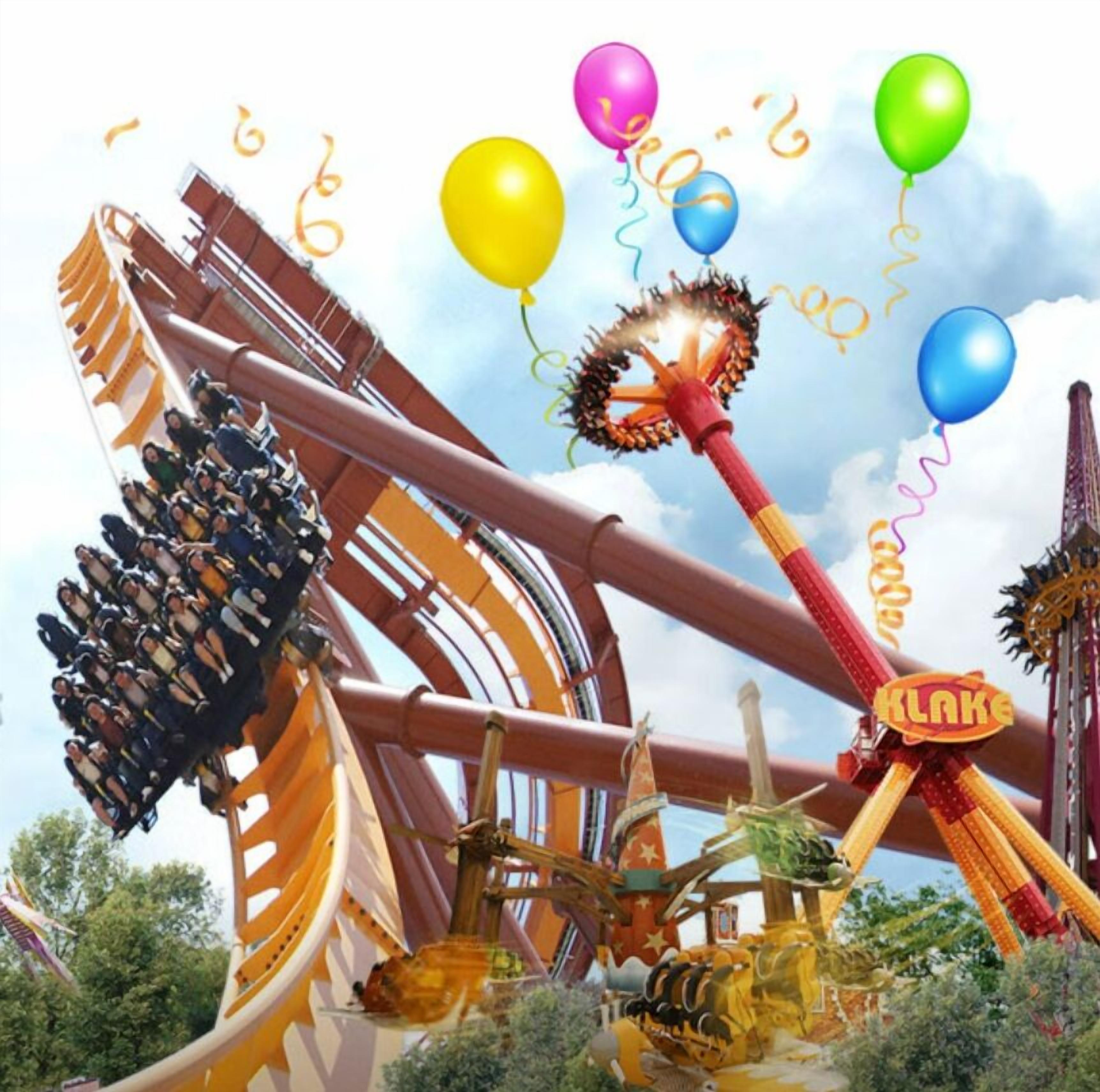 A roller coaster with a steep drop and a loop, surrounded by colorful balloons and a Ferris wheel.