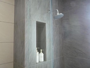 Chuveiro, secador de cabelo, toalhas de banho, sabonete