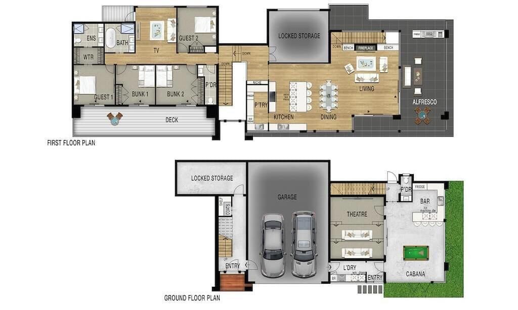 Plano de planta de la primera planta con sala de estar, comedor, cocina y habitaciones de invitados. La planta baja incluye garaje, cine, bar y cabaña.