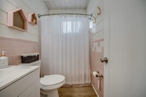 Shower, hair dryer, shampoo