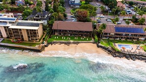 An aerial view of a coastal hotel with a beach, solar panels, and a pool area. - Beautiful Beachfront Bungalow (Lahaina)