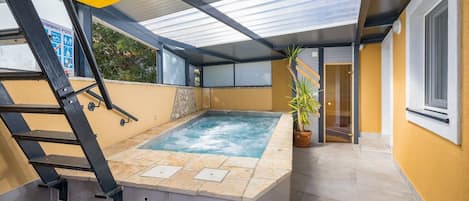 A hot tub with a glass enclosure, a ladder, and a potted plant.