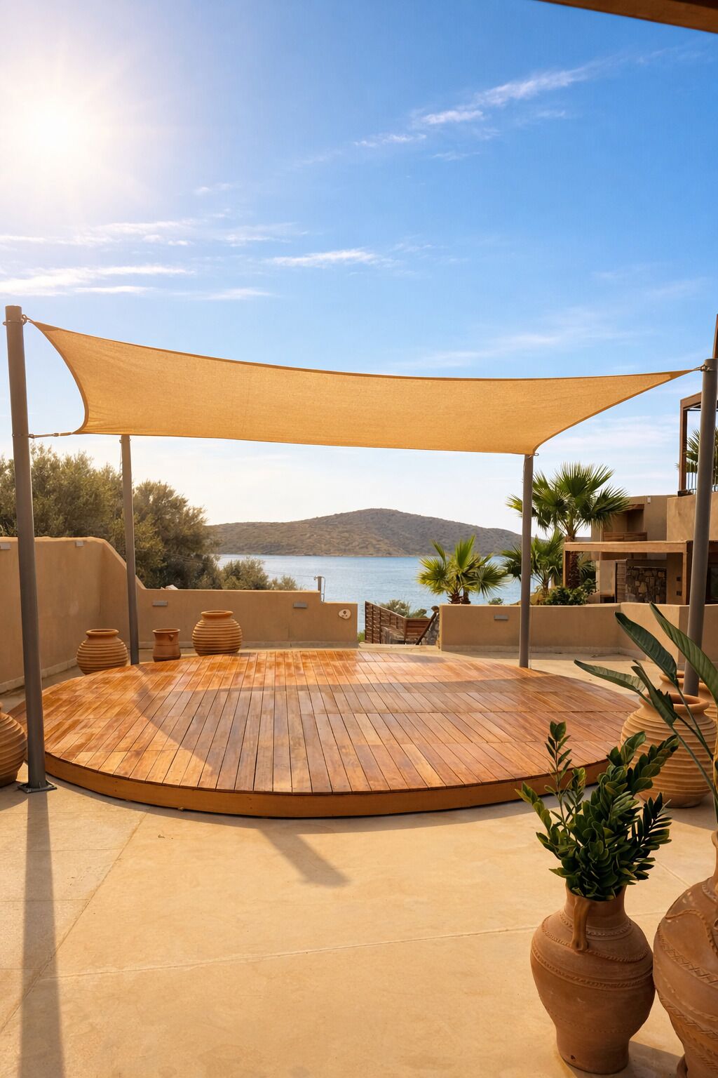 A wooden deck with a canopy, potted plants, and a view of the sea.