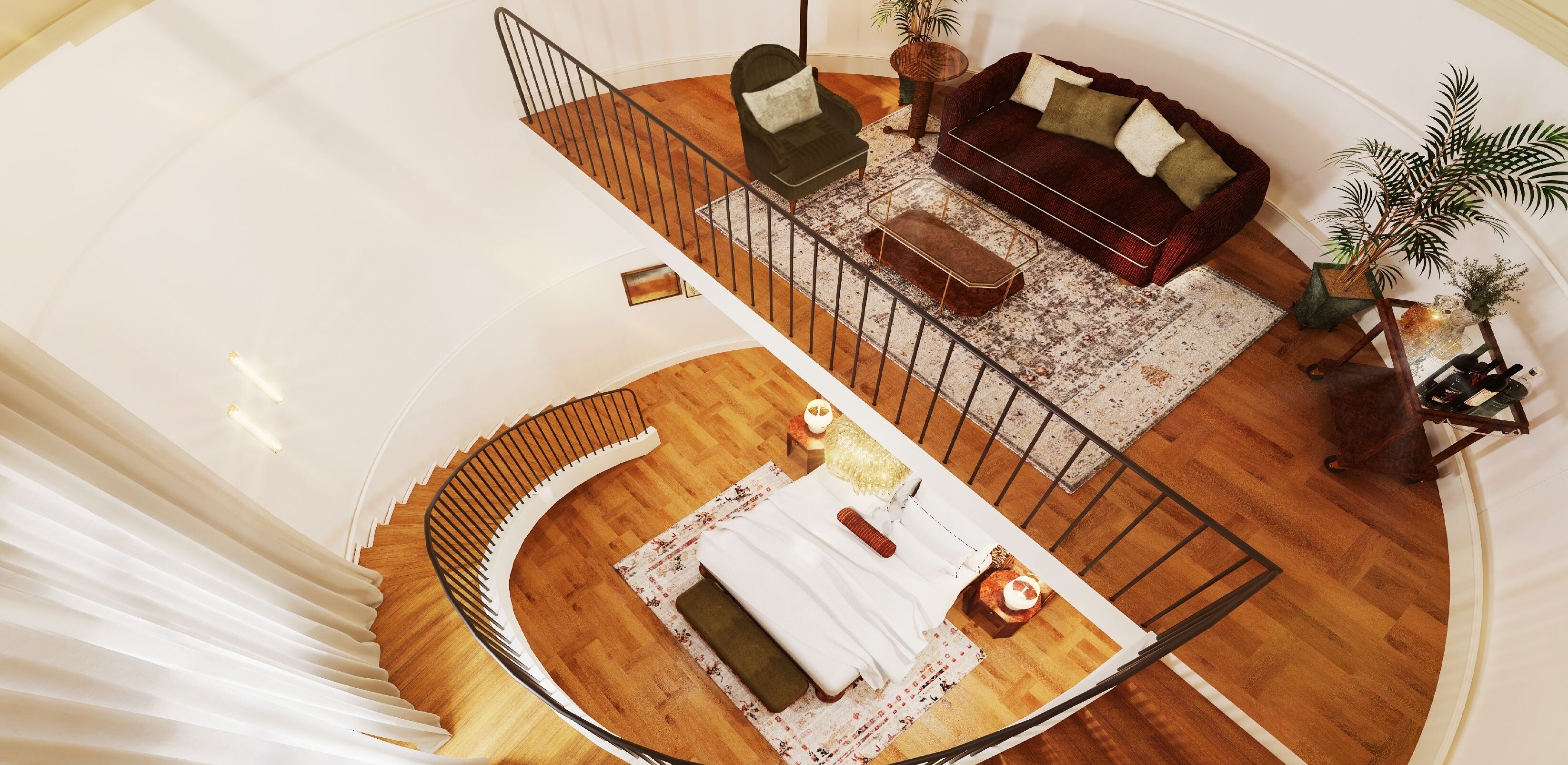 A spacious living area with a staircase, a sofa set, and a coffee table.
