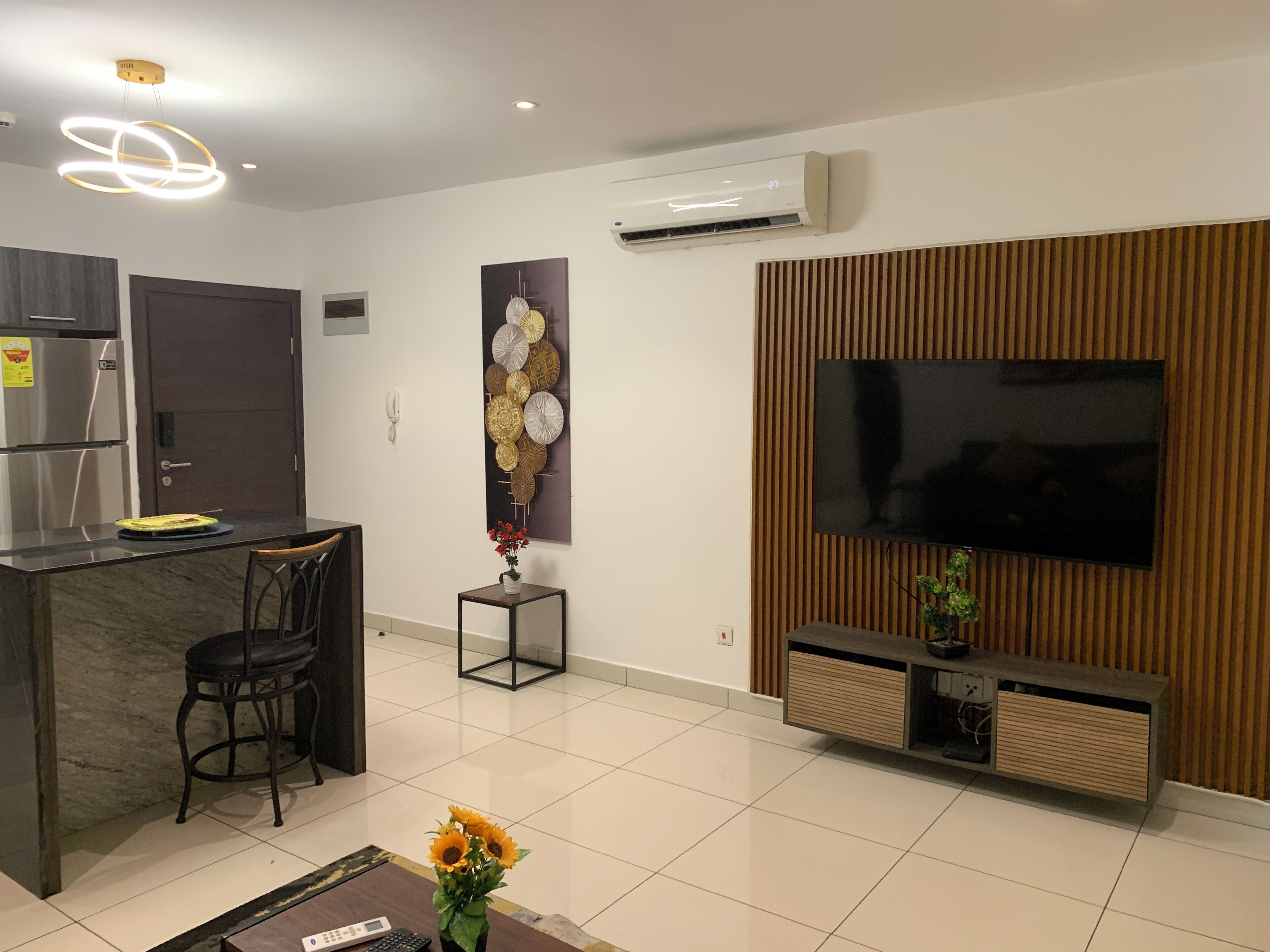 Un soggiorno moderno con angolo cottura, una televisione a schermo piatto e un elemento decorativo a parete.