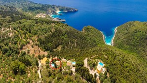 Luchtbeeld van een kustgebied met een huis, omringd door weelderige begroeiing, een heldere blauwe zee en een klein strand.
