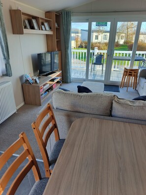 Smart TV, fireplace, DVD player, books