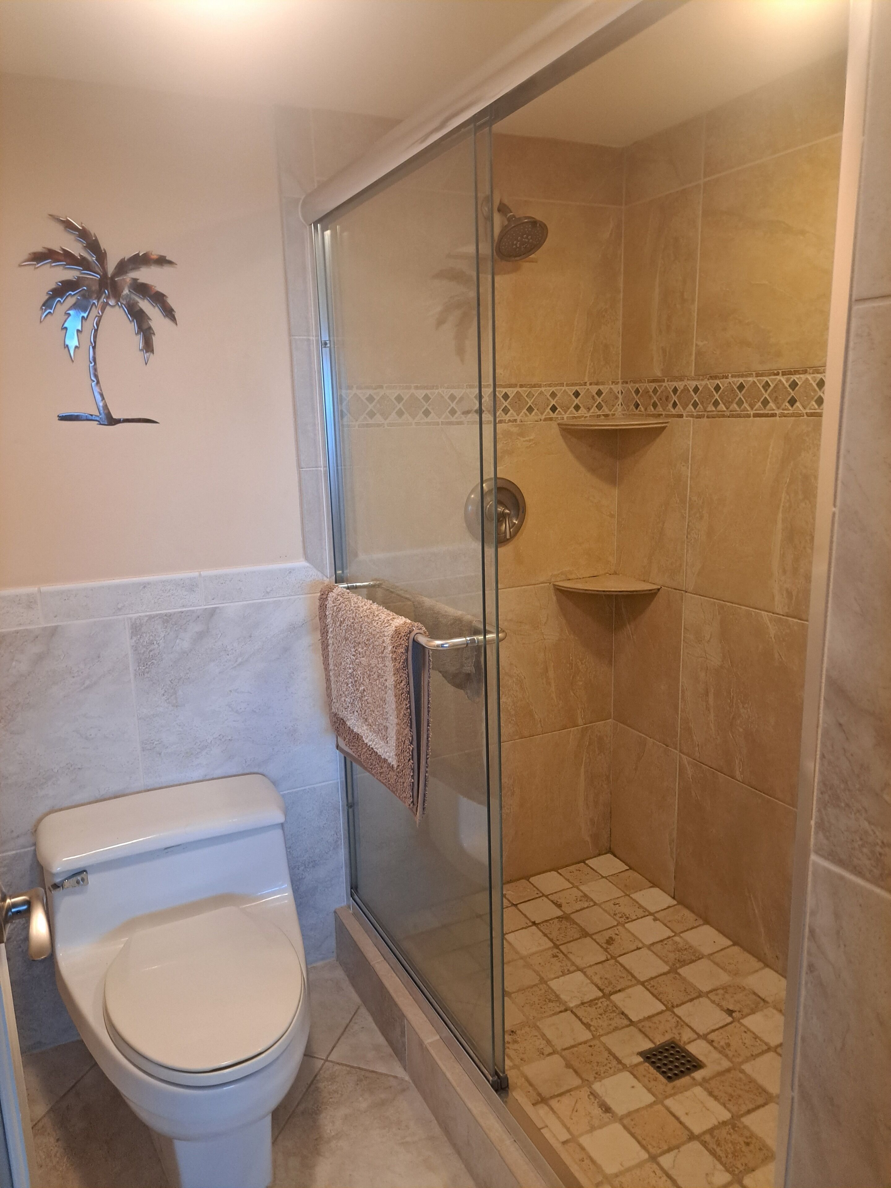 Un baño con ducha envuelta en vidrio, inodoro y una palmera decorativa en la pared.