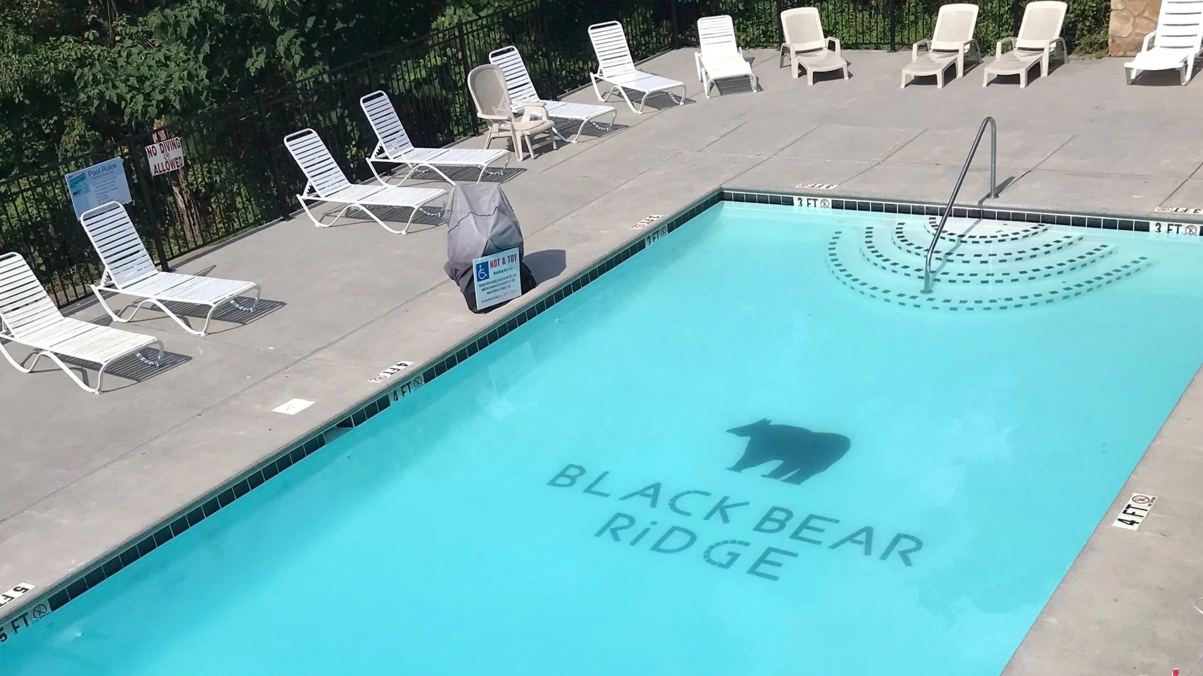 Une piscine avec l’inscription « BLACKBEAR RIDGE » et la silhouette d’un ours, entourée de chaises longues et d’un panneau indiquant « IL EST INTERDIT DE PLONGER ».