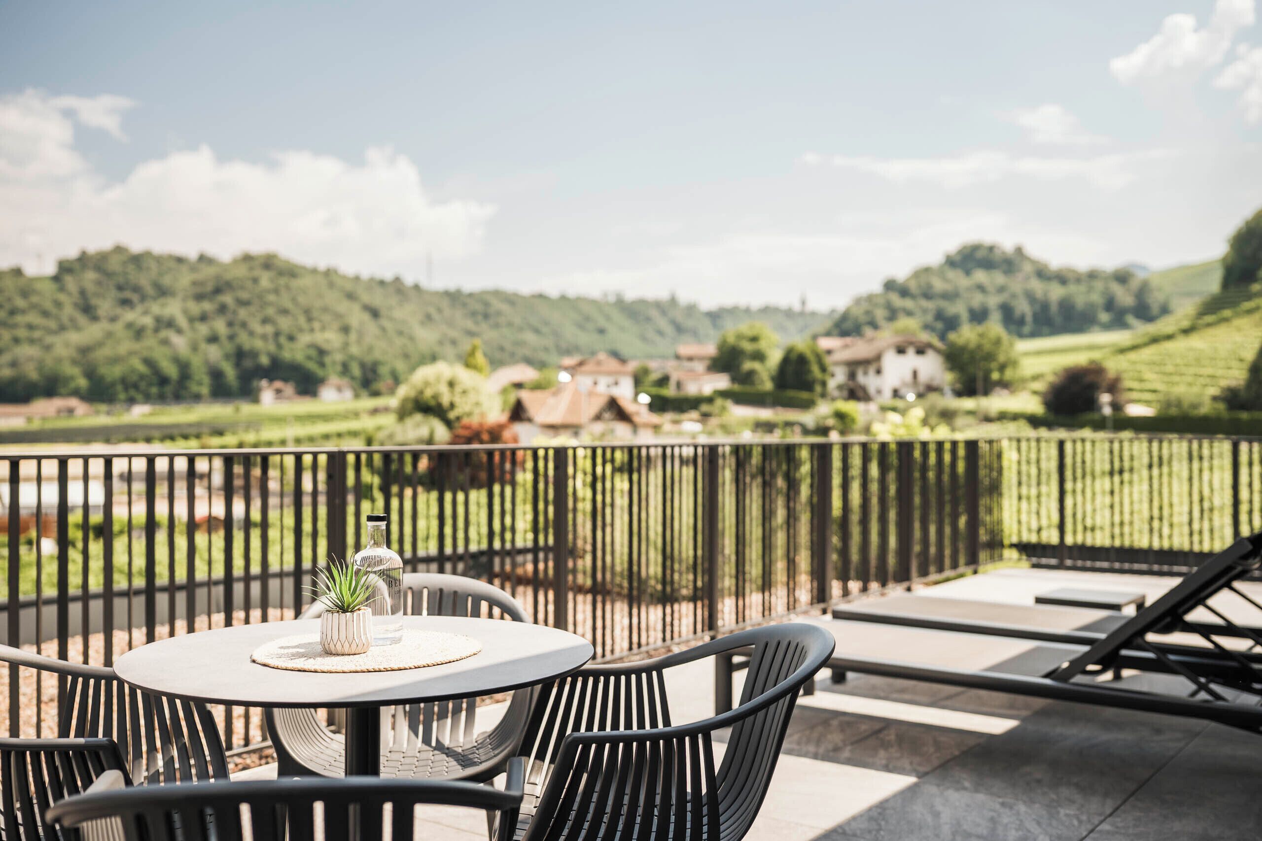 An outdoor seating area with a table and chairs, a potted plant, and a view of a green landscape with houses in the distance.