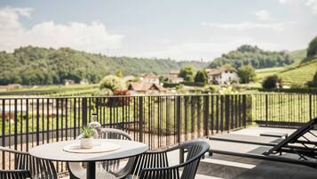 An outdoor seating area with a table and chairs, a potted plant, and a view of a green landscape with houses in the distance.