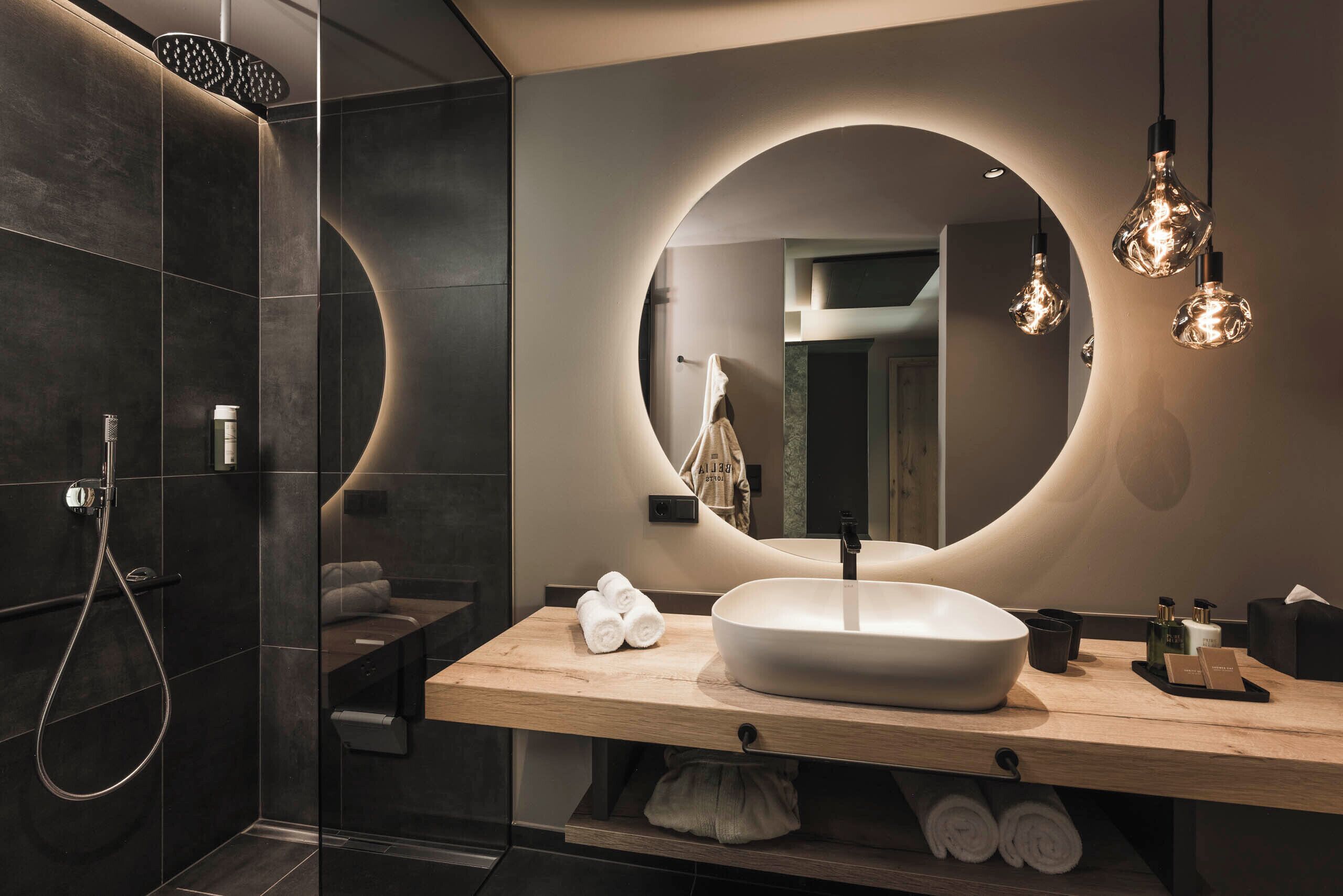 Hair dryer, heated floors, towels, soap