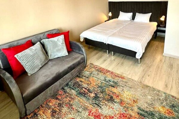 Relax in this stylish room with a large bed, sofa, and colorful rug.