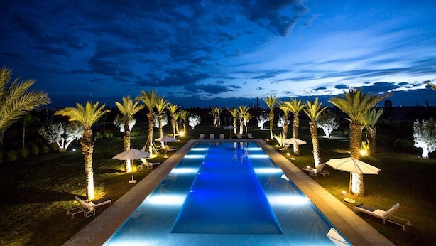 Ein Schwimmbecken bei Nacht mit beleuchteten Rändern, umgeben von Palmen und Liegestühlen.