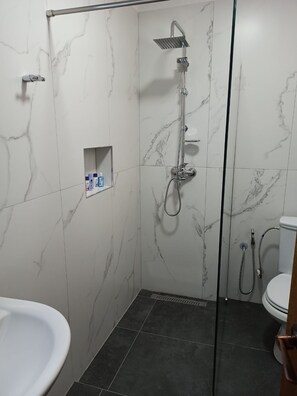 Dusche, Haartrockner, Handtücher, Seife