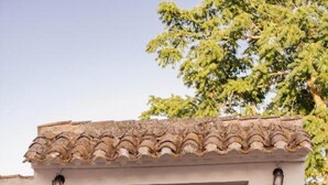 A rustic entrance with a wooden door and a tiled roof. - Finca El Almendrillo (AN)