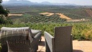 A patio with wicker chairs and a view of a hilly landscape. - Finca El Almendrillo (AN)