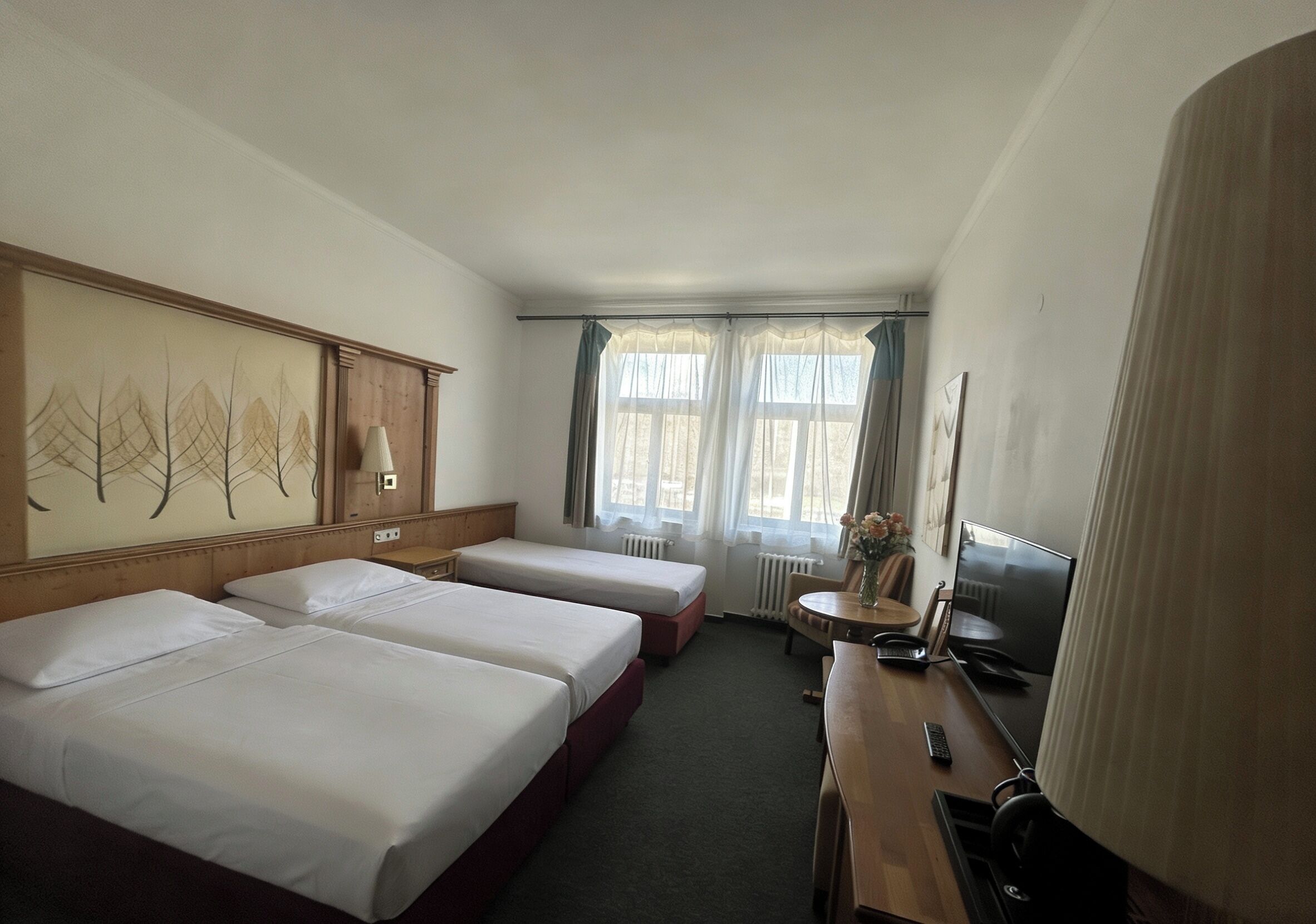Desk, laptop workspace, blackout curtains, free WiFi