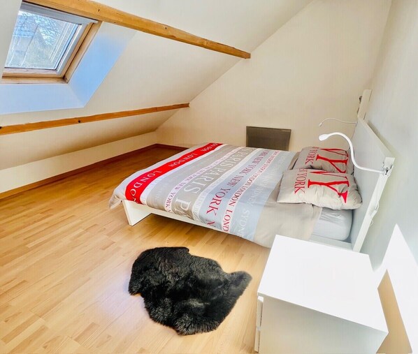 A small, sloped-roofed room with a bed, a small desk, and a black furry rug.