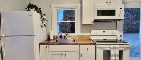 Een koelkast, een magnetron, een oven, een kookplaat