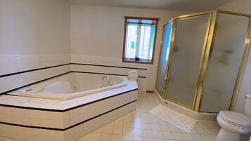 Shower, jetted tub, hair dryer, towels