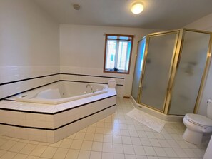 Bathroom features a bathtub and glass-enclosed shower area.