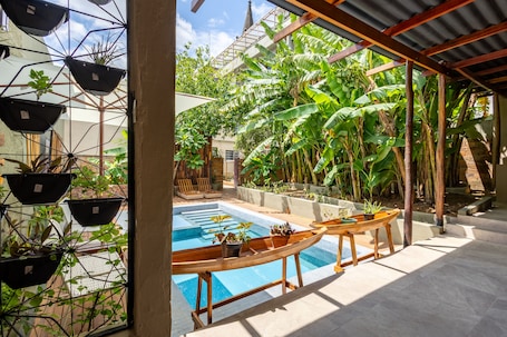 Outdoor pool, pool umbrellas, sun loungers