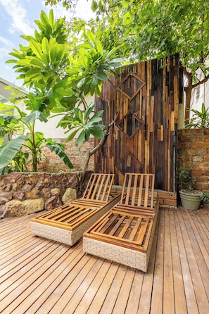 Outdoor pool, pool umbrellas, pool loungers