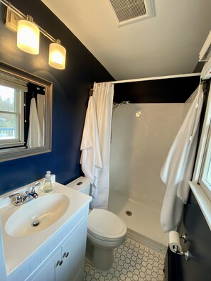 Ducha, secador de pelo, toallas, jabón