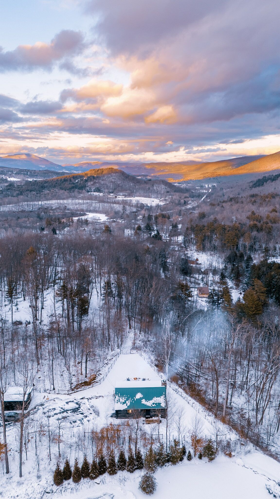 Paesaggio innevato con una baita e una strada che si inoltra in una foresta.