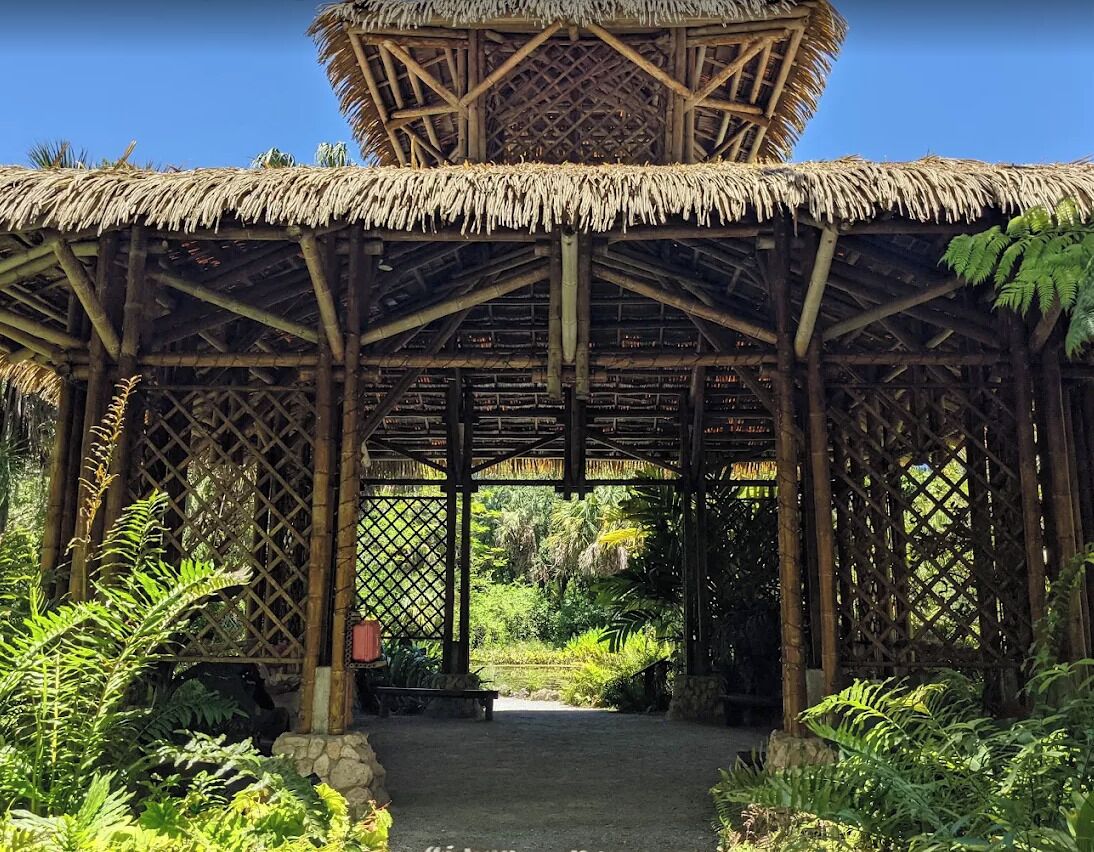 A bamboo structure with a thatched roof, surrounded by lush greenery.