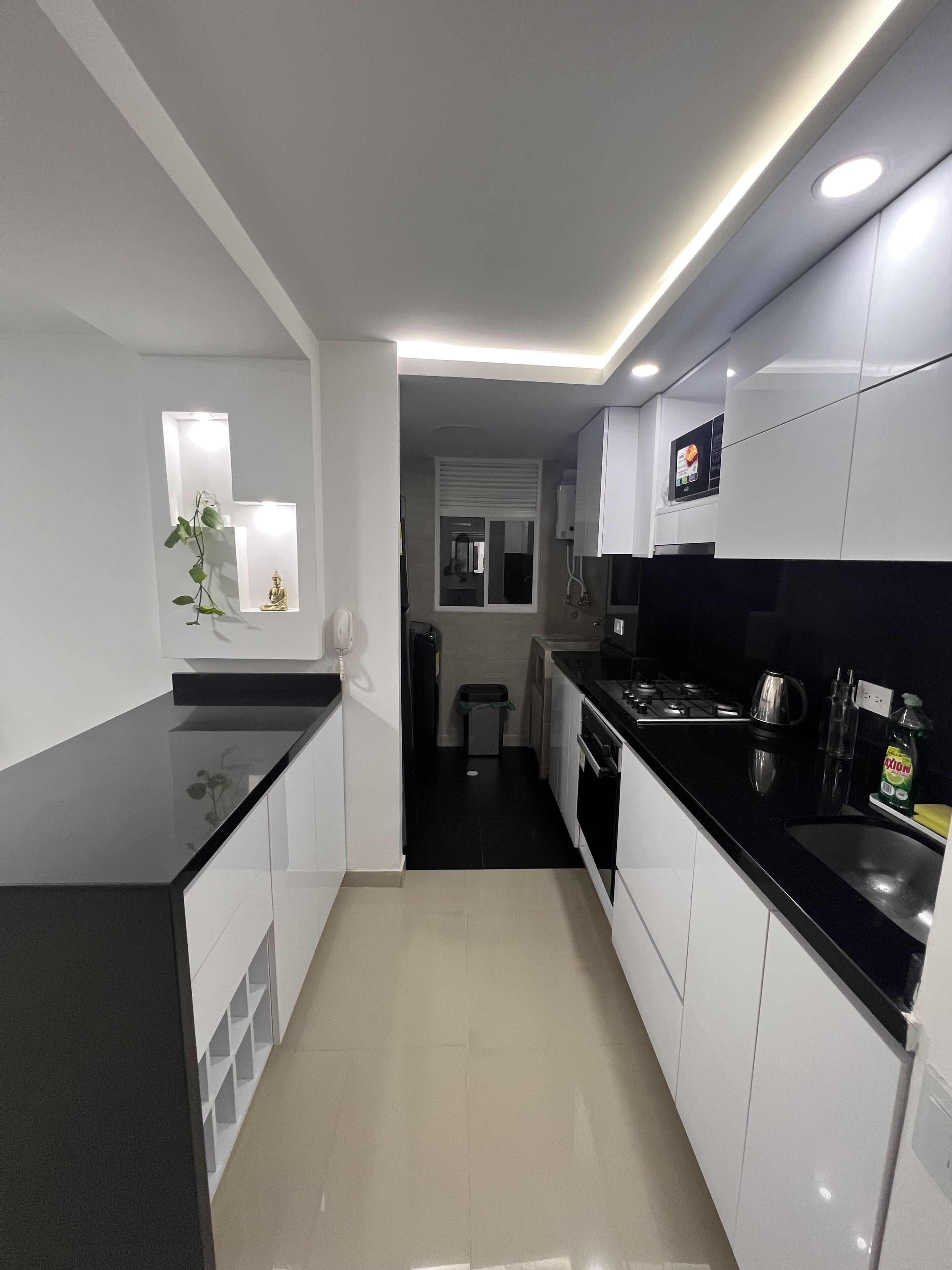 Frigorífico, microondas, horno y placa de cocina