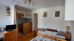 Un ambiente compatto con angolo cottura, divano, televisore e tavolo da pranzo.