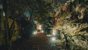 A narrow pathway flanked by dense foliage and a stone wall, leading to a brightly lit structure in the distance. - Music Shell by LovelyStay (Porto)