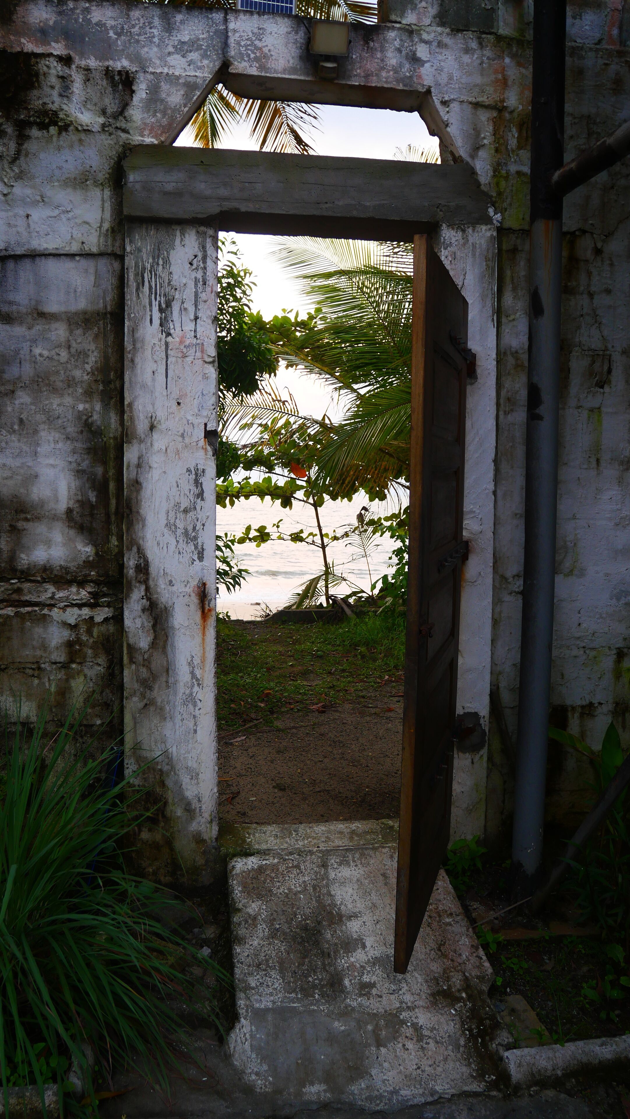 Una estructura de concreto con una puerta que da a un espacio exterior con vista a la playa y palmeras.